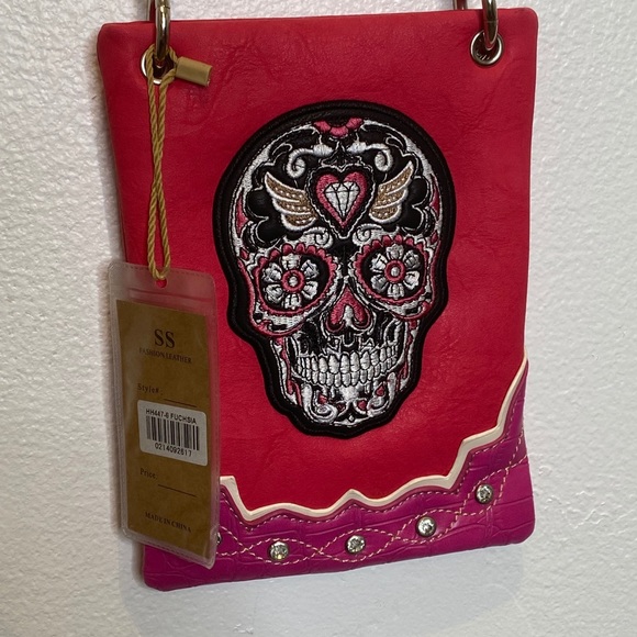 Eclectic Ginger Handbags - Skull embroidered rhinestone crossbody bag pink